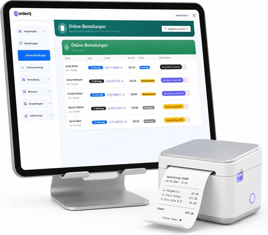 Online-Bestellliste im orderQ Dashboard mit Liefer- und Abholbestellungen, daneben ein Bondrucker