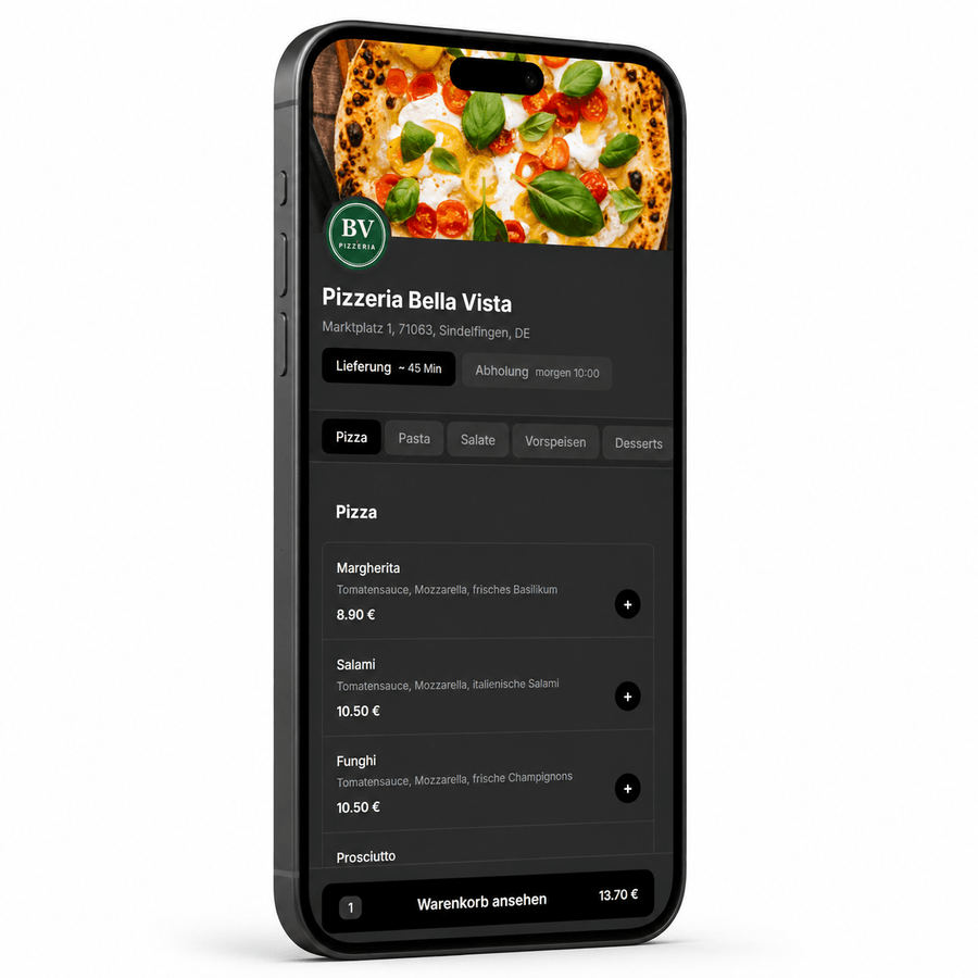 Liefershop eines Restaurants auf dem Smartphone, mit Speisekarte und Warenkorb